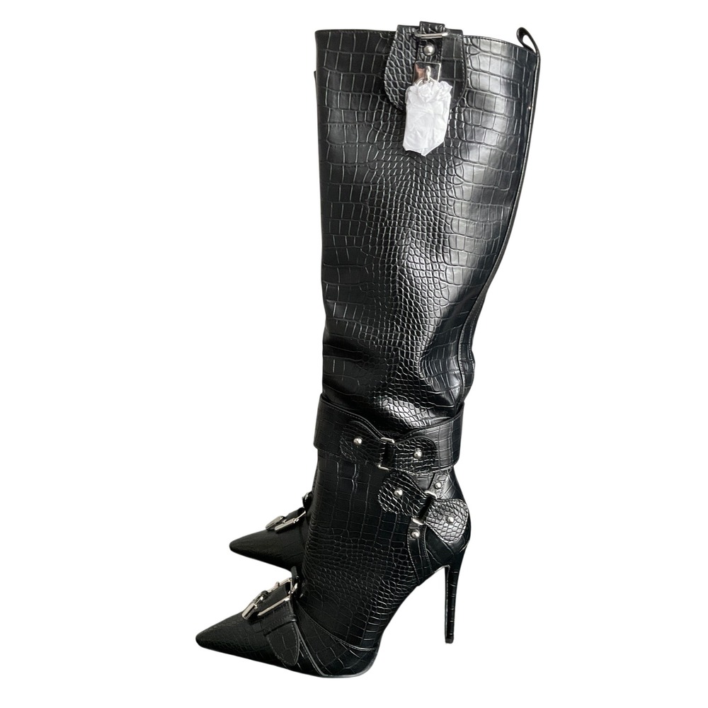 Azalea Wang Black Croc Pointed Toe Buckle Stiletto Knee High Boots Sz 11 - Picture 3 of 16